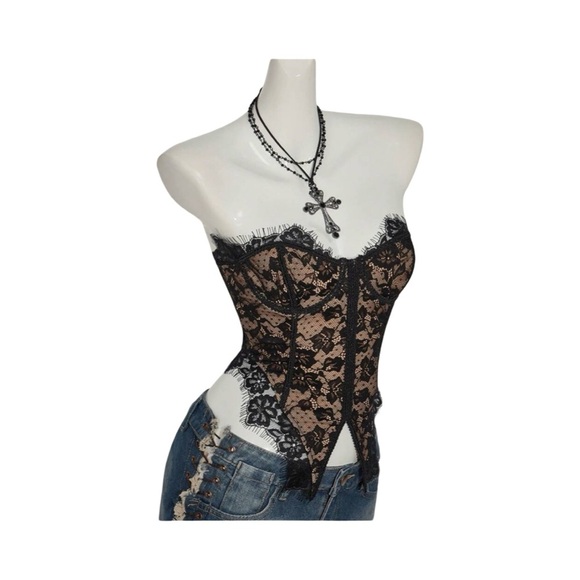 Goth Glam Black Lace Corset Top (6/M) - Picture 8 of 11